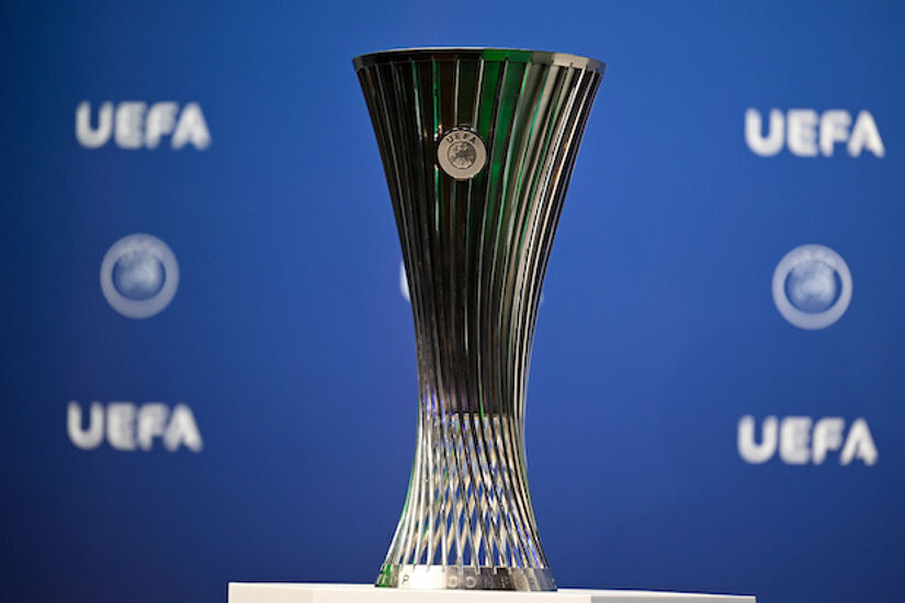 UEFA Europa League Conference League Trophy during the UEFA Europa Conference League Play-off Round Draw at the UEFA headquarters, The House of European Football, in Nyon
