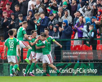 Cork City players celebrating Cian Murphy’s winner against Dundalk last Monday