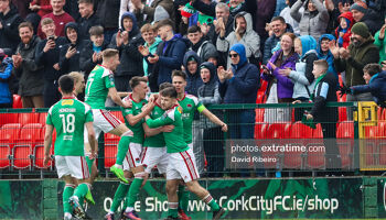 Cork City players celebrating Cian Murphy’s winner against Dundalk last Monday