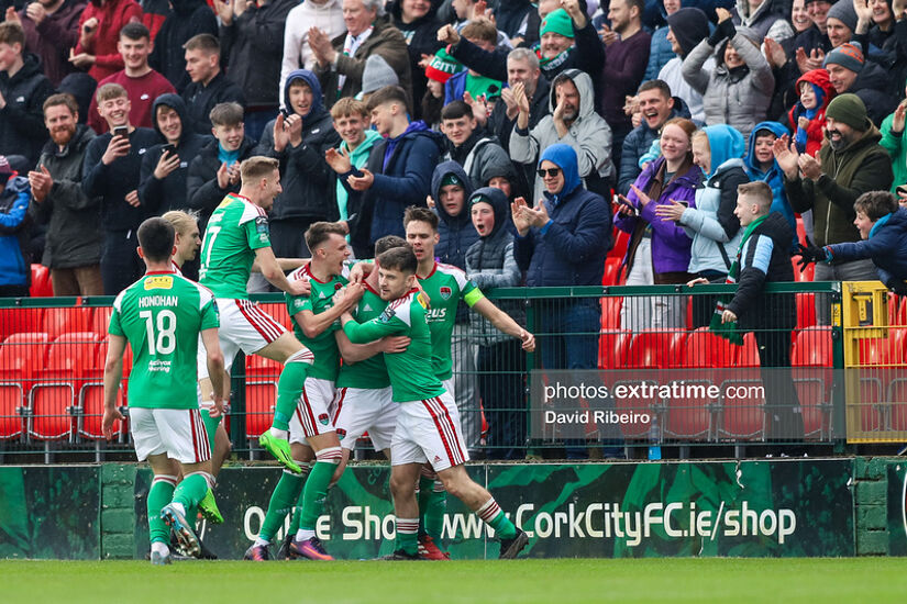 Cork City players celebrating Cian Murphy’s winner against Dundalk last Monday