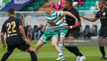 Rory Gaffney in action against Hibernians. He is the Hoops top goalscorer this season with ten goals