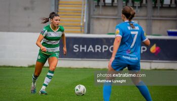 Maria Reynolds faces Rebecca Watkins during Rovers' game against Peamount United in Tallaght in May 2024