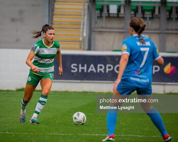 Maria Reynolds faces Rebecca Watkins during Rovers' game against Peamount United in Tallaght in May 2024