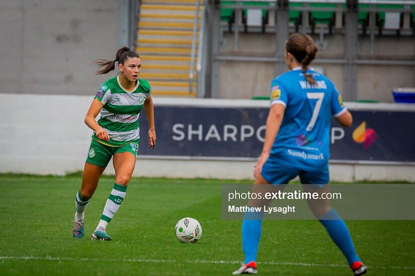 Maria Reynolds faces Rebecca Watkins during Rovers' game against Peamount United in Tallaght in May 2024