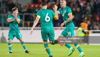 Evan Ferguson celebrates scoring the equaliser with Conor Coventry during Ireland's under 21 EURO qualifier playoff first leg against Israel at Tallaght Stadium on Friday, 23 September 2022.