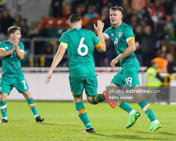 Evan Ferguson celebrates scoring the equaliser with Conor Coventry during Ireland's under 21 EURO qualifier playoff first leg against Israel at Tallaght Stadium on Friday, 23 September 2022.