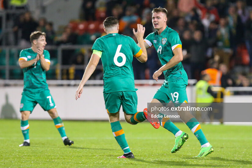 Evan Ferguson celebrates scoring the equaliser with Conor Coventry during Ireland's under 21 EURO qualifier playoff first leg against Israel at Tallaght Stadium on Friday, 23 September 2022.