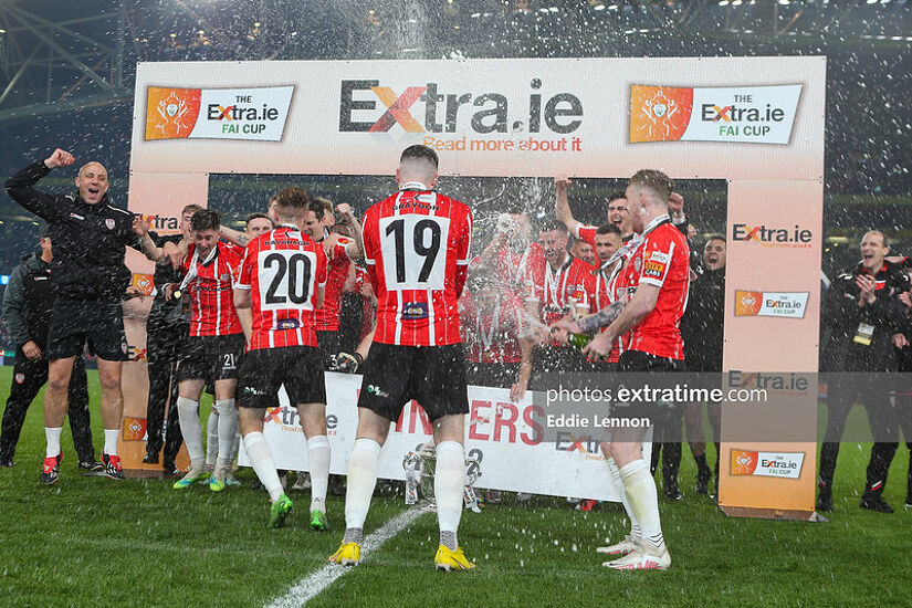 Derry City celebrate winning the FAI Cup after the 2022 final