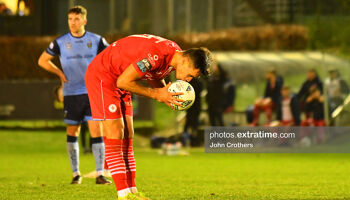 Max Mata redies himself to take a penalty during Sligo Rover's 3-2 win over UCD at the UCD Bowl on Friday, 24 February 2023.