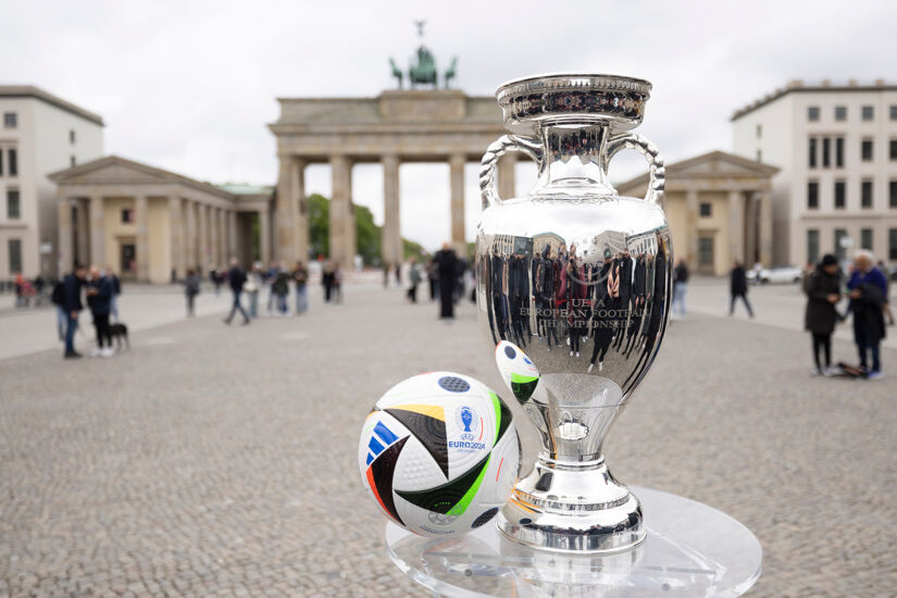 The UEFA EURO 2024 Trophy is displayed at the Brandenburg Gate in Berlin, on April 25, 2024