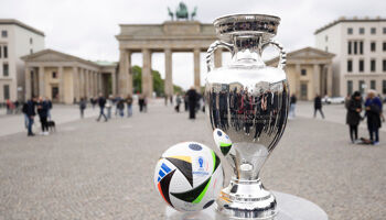 The UEFA EURO 2024 Trophy is displayed at the Brandenburg Gate in Berlin, on April 25, 2024