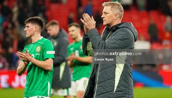 Heimir Hallgrímsson and Andrew Moran clap the Ireland fans after the 5-0 defeat to England at Wembley on 17 November 2024