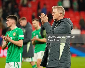 Heimir Hallgrímsson and Andrew Moran clap the Ireland fans after the 5-0 defeat to England at Wembley on 17 November 2024