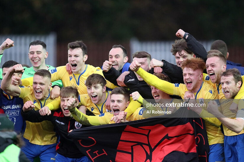 The Longford Town squad celebrate promotion following their play-off win over Shelbourne.