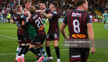 Both Shamrock Rovers’ Dan Cleary and Bohemians’ Alex Greive were booked after this altercation following Dayle Rooney’s match winning penalty for Bohs between the sides at Dalymount Park on Friday 19 July