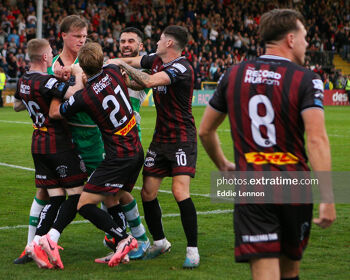 Both Shamrock Rovers’ Dan Cleary and Bohemians’ Alex Greive were booked after this altercation following Dayle Rooney’s match winning penalty for Bohs between the sides at Dalymount Park on Friday 19 July