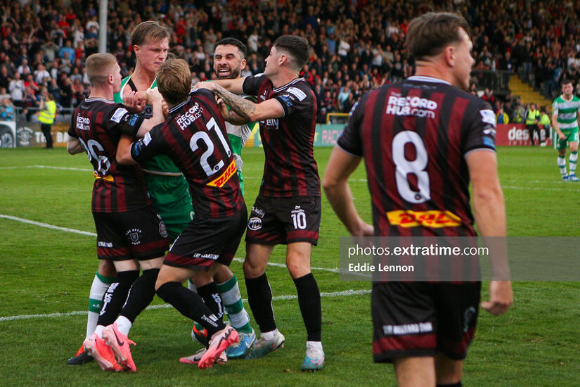 Both Shamrock Rovers’ Dan Cleary and Bohemians’ Alex Greive were booked after this altercation following Dayle Rooney’s match winning penalty for Bohs between the sides at Dalymount Park on Friday 19 July