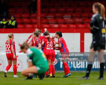 Shelbourne celebrate a goal during their 6-0 win over Cork City at Tolka Park on Saturday, 4 March 2023.