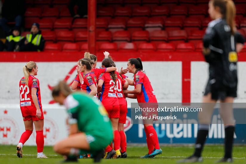 Shelbourne celebrate a goal during their 6-0 win over Cork City at Tolka Park on Saturday, 4 March 2023.
