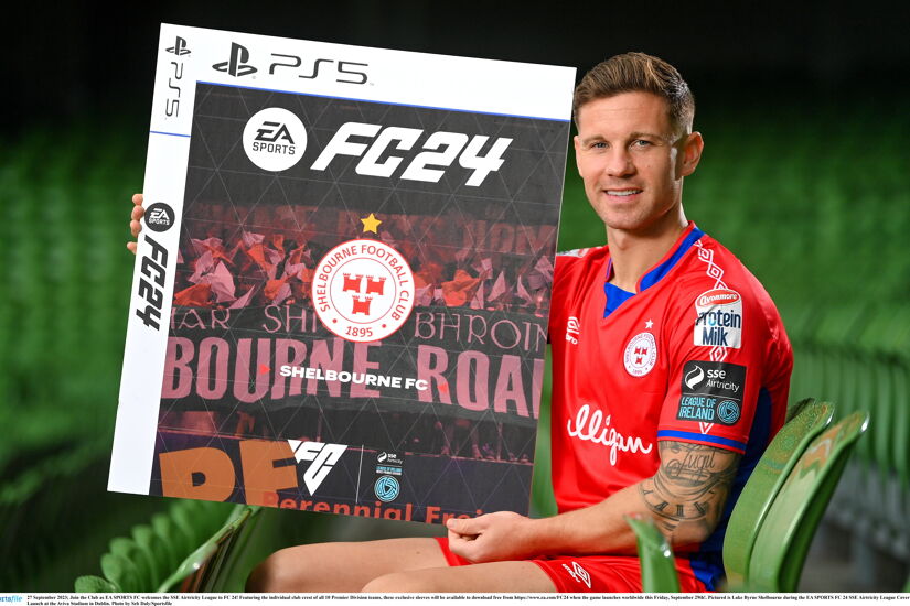 Pictured is Luke Byrne Shelbourne during the EA SPORTS FC 24 SSE Airtricity League Cover Launch at the Aviva Stadium in Dublin