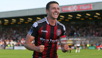 Bohs captain Keith Buckley in celebration mode in Dalymount Park on Friday night