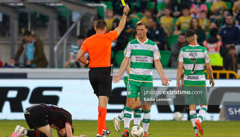 Australian Premier League referee Jarred Gillett gives Shamrock Rovers defender Dan Cleary a yellow card in the Hoops 2-1 Champions League first round qualifier second leg win over Vikingur in July 2024