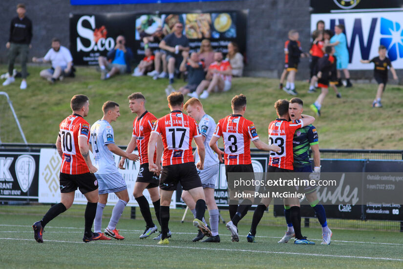 Brian Maher celebrates his penalty save from Shane Farrell in the scoreless draw with Shelbourne,