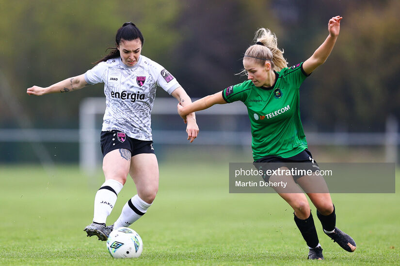 Tara O'Hanlon (right) challenges Abbie Brophy during the Peamount United v Wexford Youths game in April 2023.