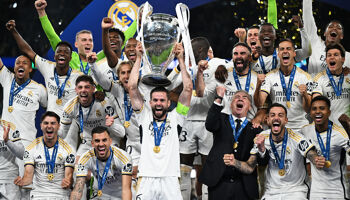 Nacho Fernandez of Real Madrid lifts the UEFA Champions League Trophy after his team's victory after the UEFA Champions League 2023/24 Final match between Borussia Dortmund and Real Madrid CF at Wembley Stadium