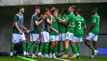 Najemedine Razi of Republic of Ireland, centre, celebrates with teammates after scoring their side's first goal during the UEFA European Under-17 Championship Finals 2023 Group A match between Republic of Ireland and Wales in the Pancho Arena on May 20, 2