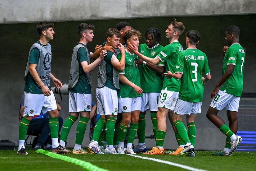 Najemedine Razi of Republic of Ireland, centre, celebrates with teammates after scoring their side's first goal during the UEFA European Under-17 Championship Finals 2023 Group A match between Republic of Ireland and Wales in the Pancho Arena on May 20, 2