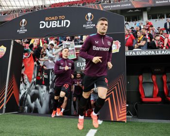 Granit Xhaka of Bayer Leverkusen takes to the field for the warm up prior to the UEFA Europa League 2023/24 Semi-Final second leg match between Bayer 04 Leverkusen and AS Roma at BayArena on May 09, 2024 in Leverkusen