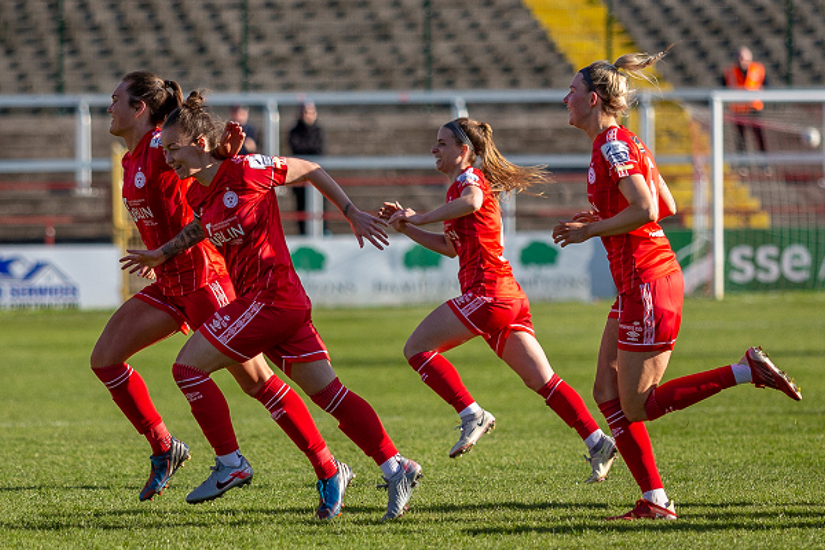 Pearl Slattery runs off to celebrate with her teammates after scoring the winning goal against Bohemians on Saturday, 5 March 2022.
