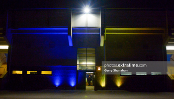 Athlone Town Stadium had Blue and Yellow lights to show support for Ukraine during the Athlone Town v Wexford Youths Women's FC WNL match at Athlone Town Stadium on Saturday, 5 March 2022.
