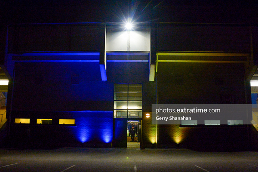 Athlone Town Stadium had Blue and Yellow lights to show support for Ukraine during the Athlone Town v Wexford Youths Women's FC WNL match at Athlone Town Stadium on Saturday, 5 March 2022.