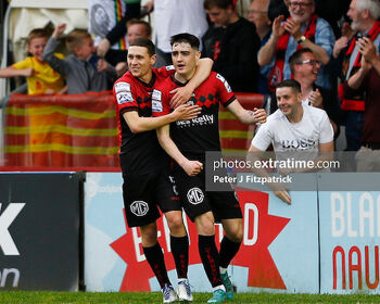 Dawson Devoy celebrating what turned out to be the winner for Bohs over Damien Duff's Shelbourne at Dalymount Park