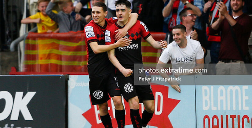 Dawson Devoy celebrating what turned out to be the winner for Bohs over Damien Duff's Shelbourne at Dalymount Park