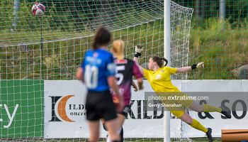 Athlone Town goalkeeper Abbiegayle Ronayne dives to make a save but can't deny Chloe Singleton the opening goal as Galway win 2-1 at Lissywollen on Tuesday, 3 August 2021.