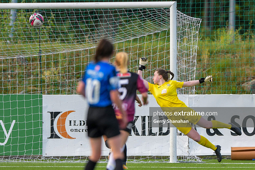 Athlone Town goalkeeper Abbiegayle Ronayne dives to make a save but can't deny Chloe Singleton the opening goal as Galway win 2-1 at Lissywollen on Tuesday, 3 August 2021.