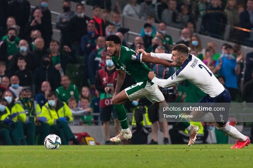 Andrew Omobamidele of Republic of Ireland in action against Strahinja Pavlovic of Serbia during the FIFA World Cup 2022 qualifying group A match between Republic of Ireland and Serbia at the Aviva Stadium in Dublin