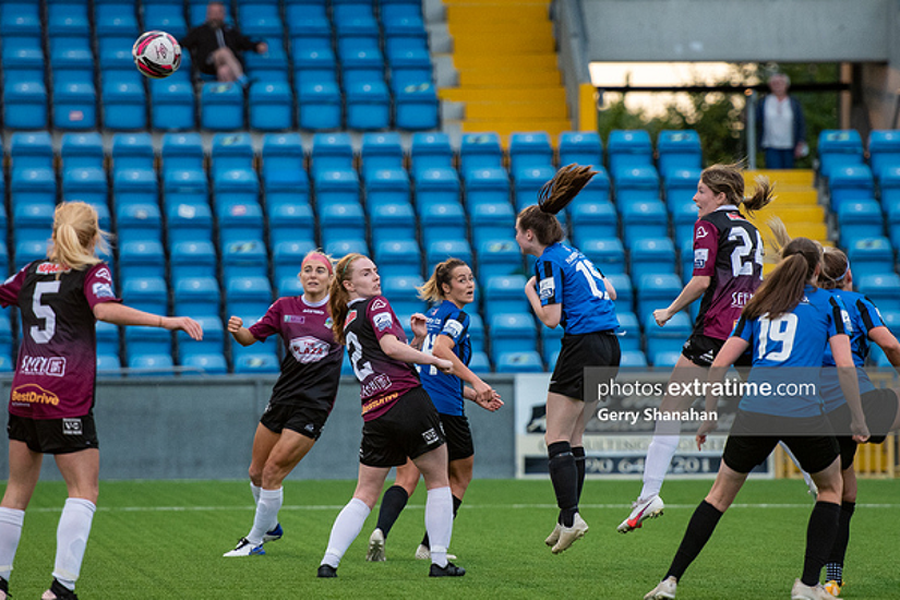 Anna Fahey rises in the box to score Galway's winning goal over Athlone Town at Lissywollen on Tuesday, 3 August 2021.