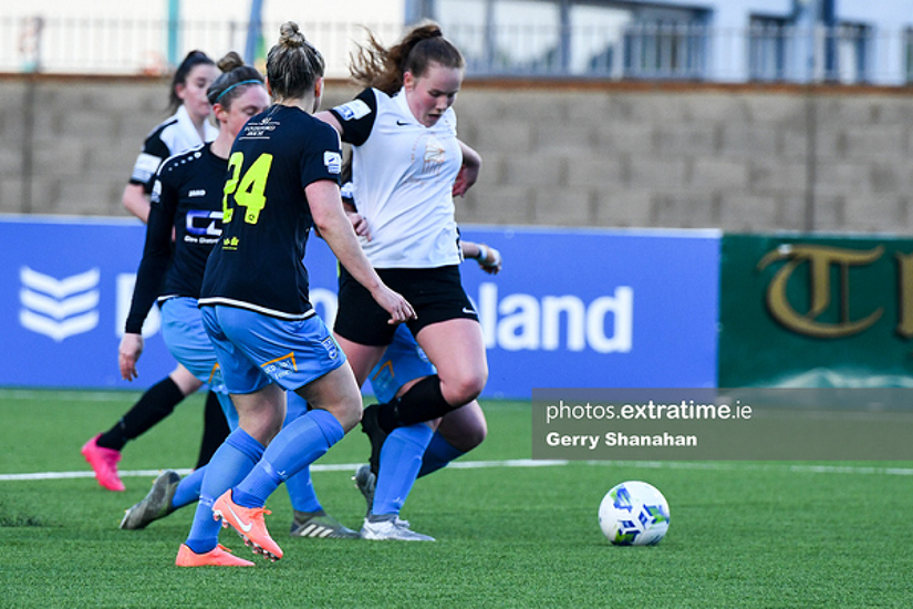 Muireann Devaney is taken down in the box by DLR Waves during her side's 1-0 loss at Athlone Town Stadium on Saturday, 15 May.