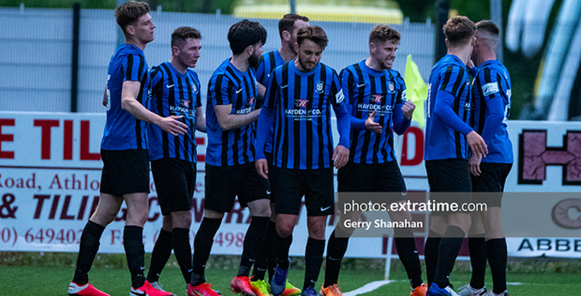 Athlone Town players celebrate after James Doona scored the winning goal during their 2-1 win over Cobh Ramblers on Friday, 21 May 2021.