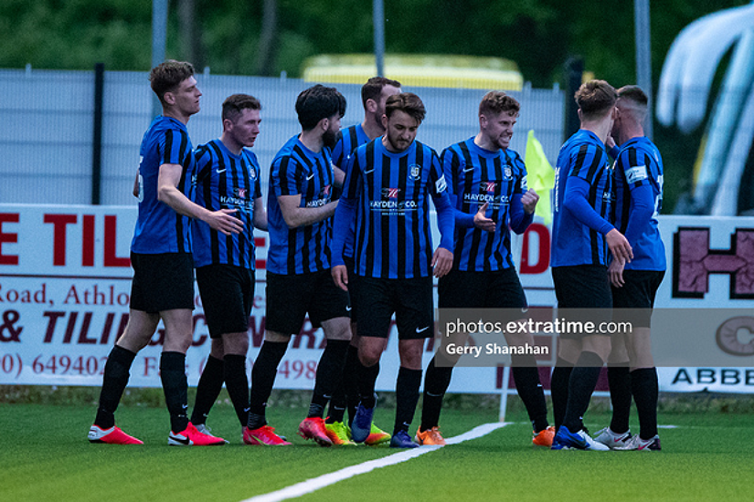 Athlone Town players celebrate after James Doona scored the winning goal during their 2-1 win over Cobh Ramblers on Friday, 21 May 2021.