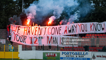 Longford Town fans show their support at Bishopsgate during De Town's 1-0 win over Dundalk on Saturday, 11 September.