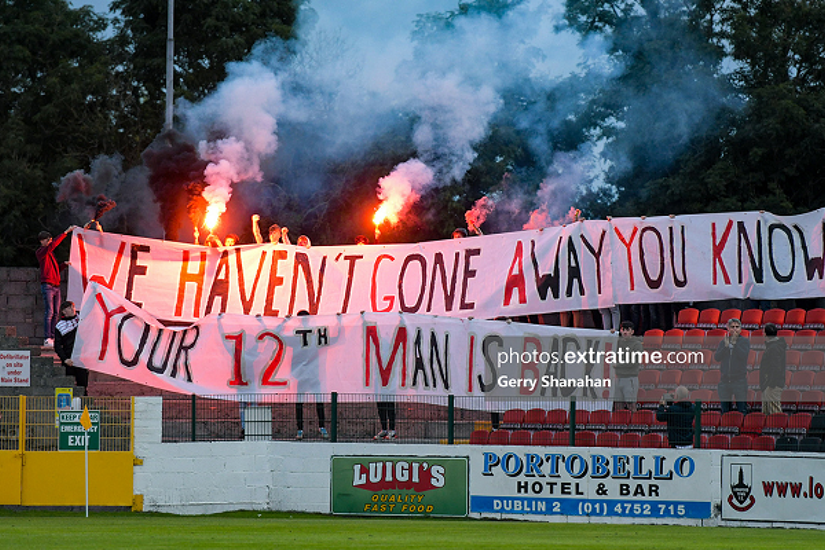 Longford Town fans show their support at Bishopsgate during De Town's 1-0 win over Dundalk on Saturday, 11 September.