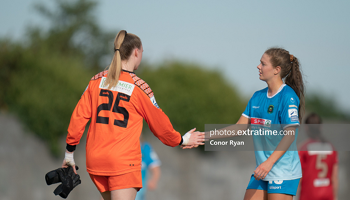 Bohemians’ Courtney Maguire congratulates Peamount United’s Rebecca Watkins at the final whistle with United emerging 3-0 victors in the WNL on Saturday, 25 September 2021.