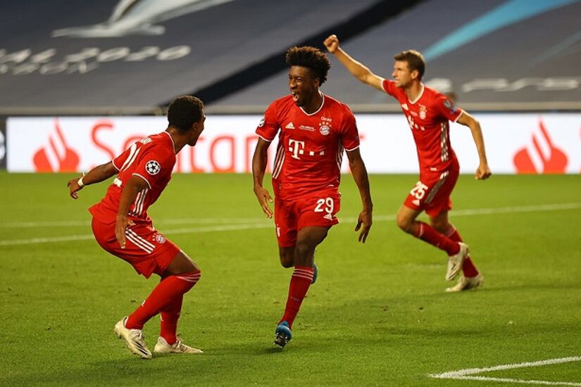 Kingsley Coman of FC Bayern Munich celebrates after scoring his team's first goal during the UEFA Champions League Final match between Paris Saint-Germain and Bayern Munich at Estadio do Sport Lisboa e Benfica on August 23, 2020 in Lisbon, Portugal