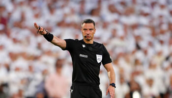 Referee Slavko Vincic reacts during the UEFA Europa League final match between Eintracht Frankfurt and Rangers FC at Estadio Ramon Sanchez Pizjuan on May 18, 2022 in Seville, Spain. He will referee this year's Champions League Final.