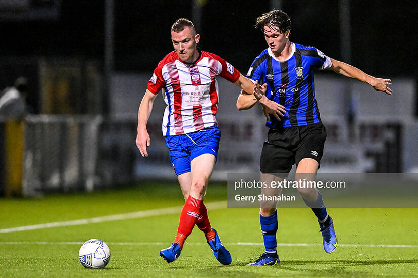 Treaty United's Mark Walsh (left) with Athlone Town's, Patrick Hickey, during the Athlone Town v Treaty Utd, SSE Airtricity League of Ireland, First Division game at Athlone Town Stadium, Athlone.
